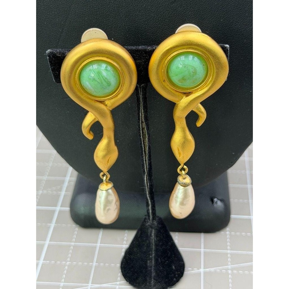 Rare Karl Lagerfeld Earrings Serpent Clip Gold Tone Green Cabochon 3.5"